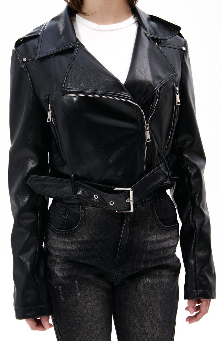 AZALEA WANG Faux Leather Crop Moto Jacket, Main, color, Black