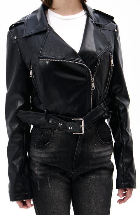 AZALEA WANG Faux Leather Crop Moto Jacket | Nordstrom