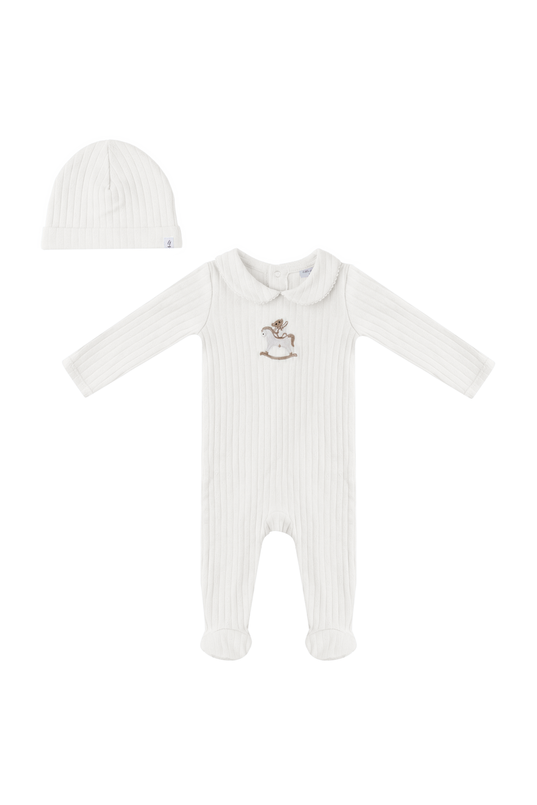 Horse Bear Pointelle Knit Long Sleeve Romper and Hat Set, Main, color, White