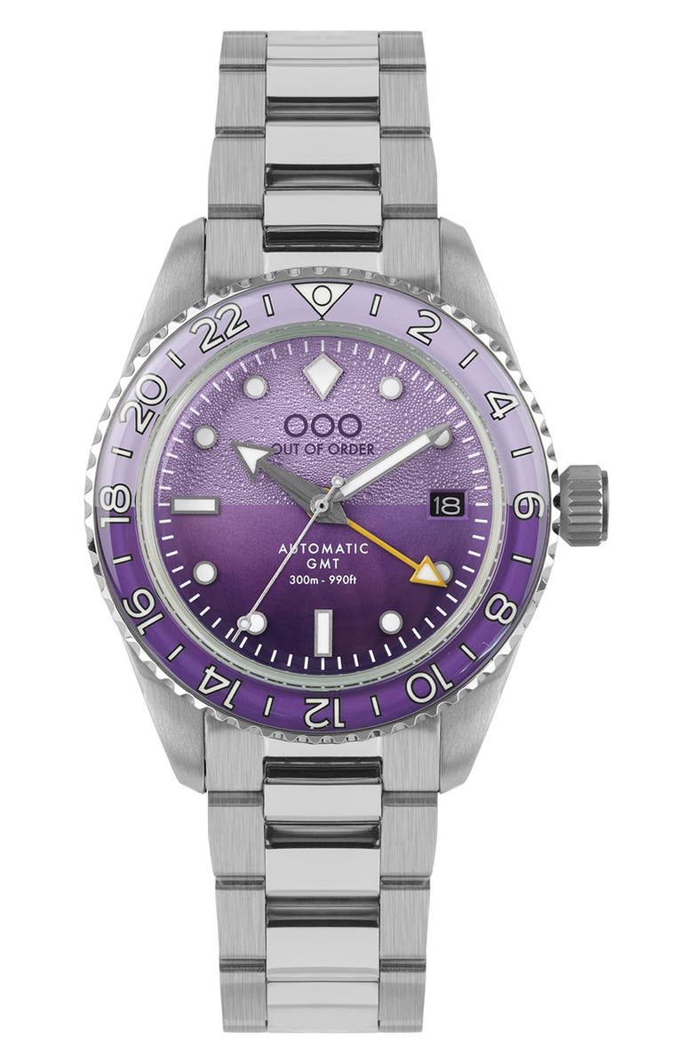 OUT OF ORDER Shaker Automatic GMT Ultra Brushed Bracelet Watch, 40mm, Main, color, Dark Violet
