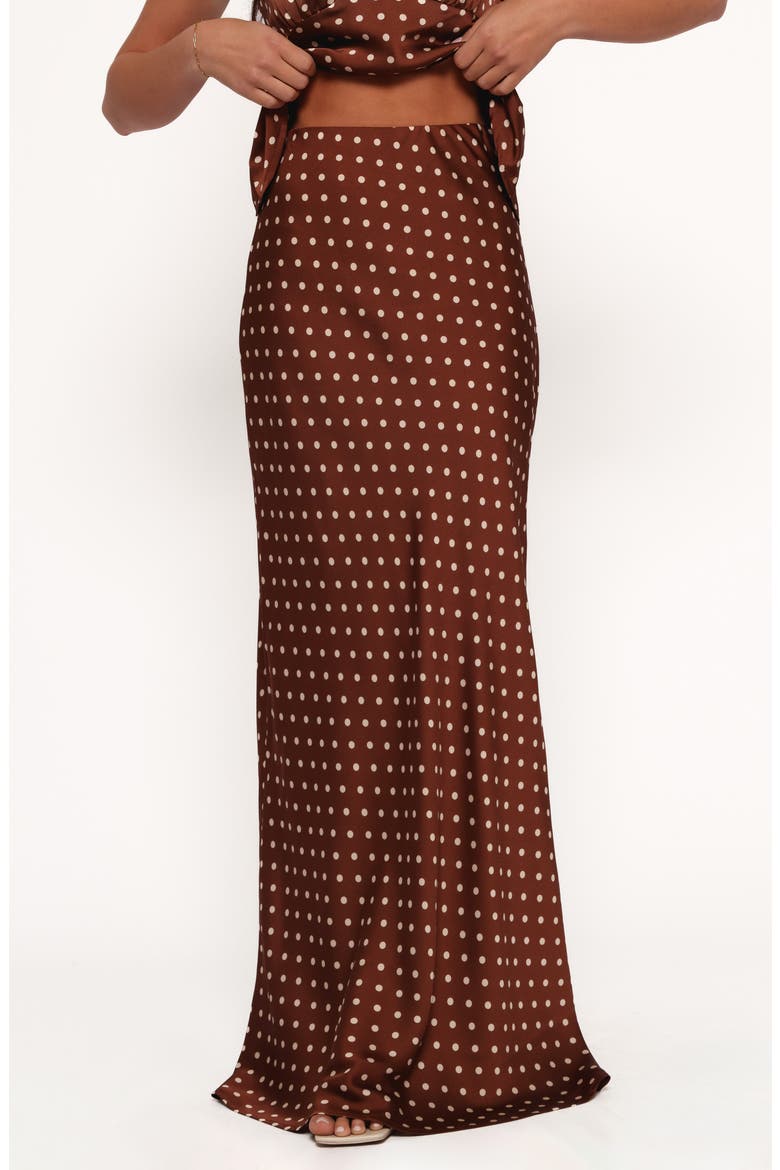 Velman Polka Dot Satin Maxi Skirt, Main, color, BROWN POLKA DOT