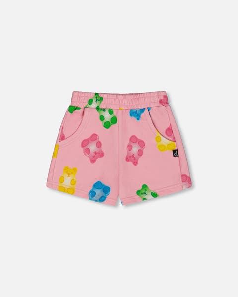 Girl's Printed French Terry Short Pink Multicolored Gummies