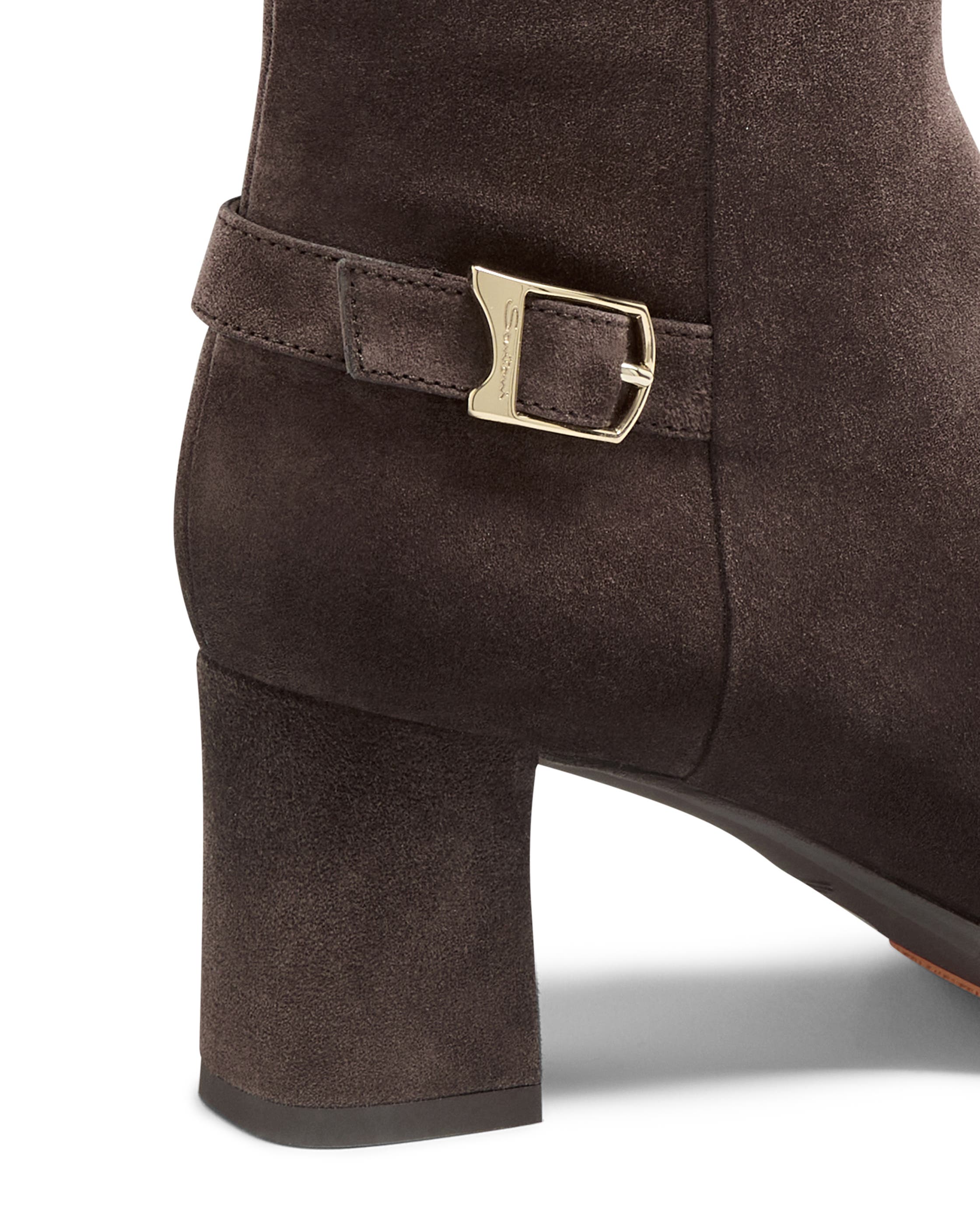 Women's Suede Mid-Heel Ankle Boot with Decorative Strap, Alternate, color, Dark Brown