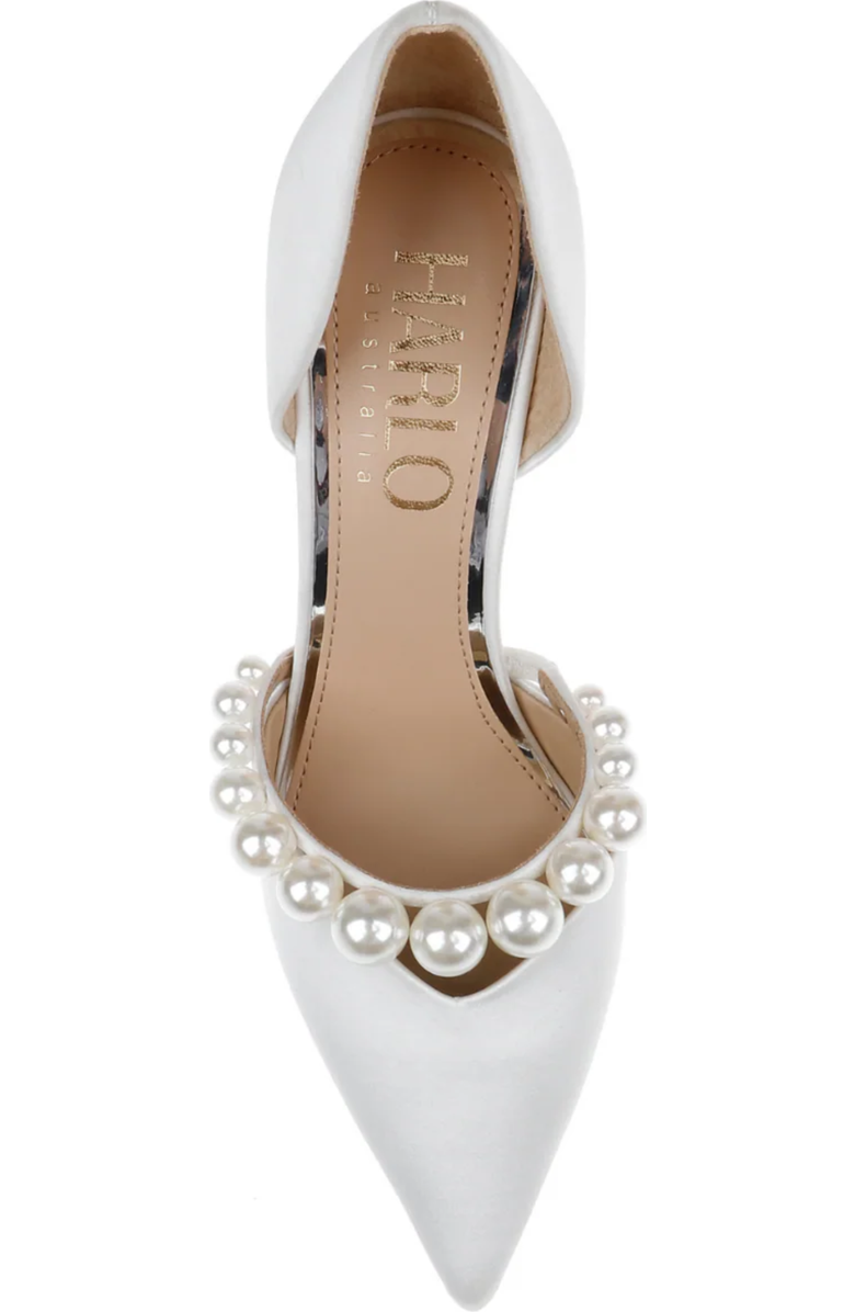 HARLO Emma - D'Orsay Pointed Toe High Heels with Pearl Strap, Alternate, color, Soft White Satin