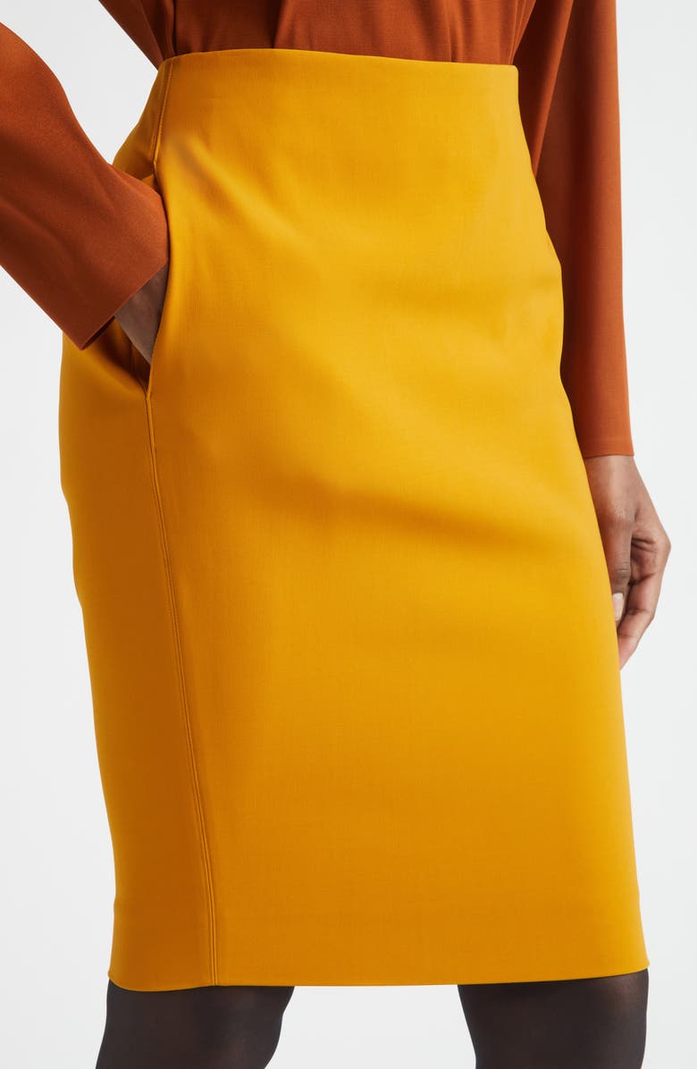 Saint Laurent Stretch Satin Midi Skirt, Alternate, color, Ocre