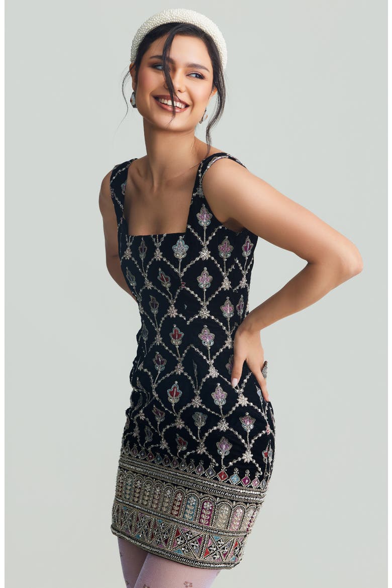 Sarina Sleeveless Embroidered Minidress, Alternate, color, BLACK