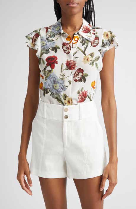Alice + Olivia Martel Floral Flutter Sleeve Silk Button-Up Top
