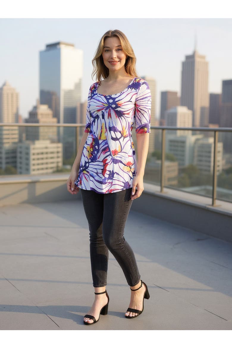 Womens Butterfly Scoop Neck Elbow Sleeve Tunic Top, Alternate, color, Purple Multi