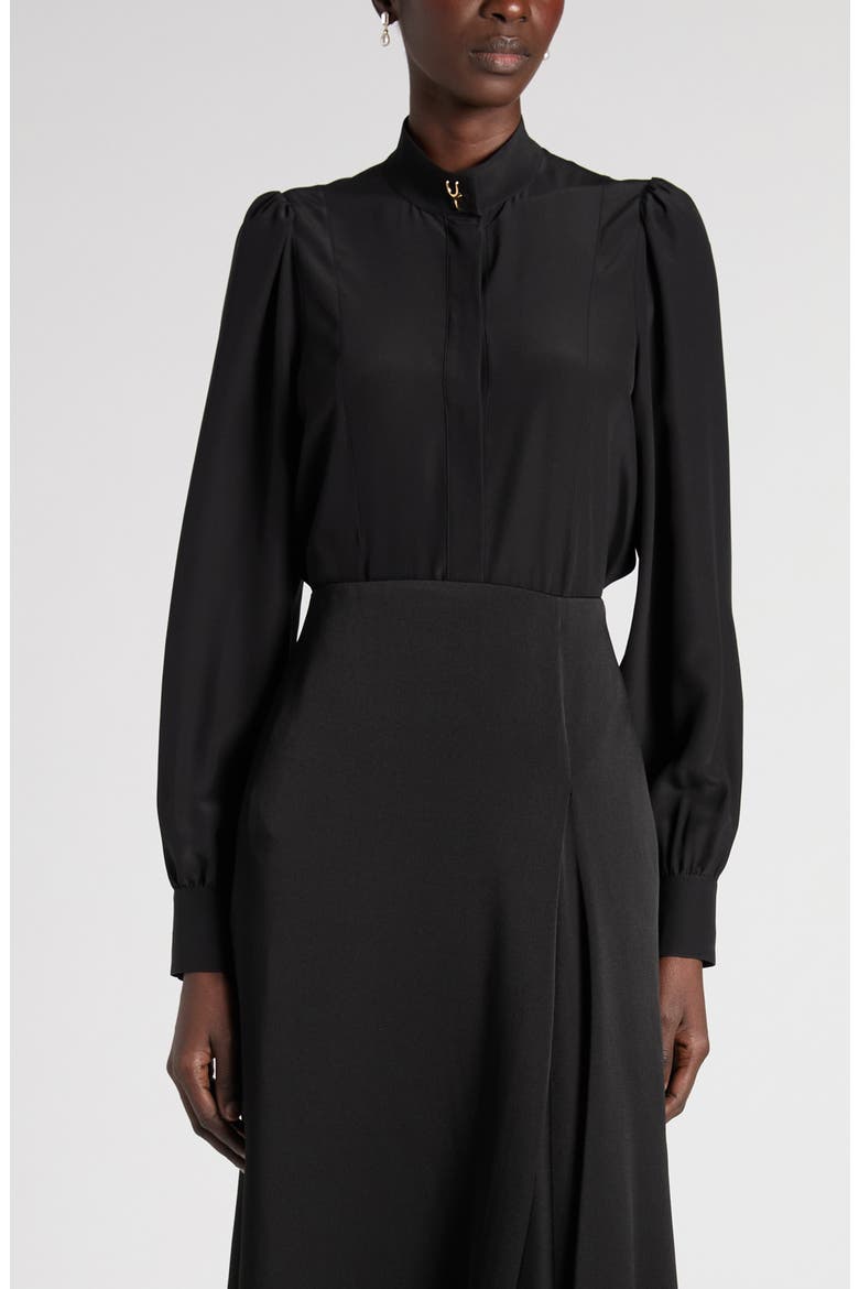 Band Collar Silk Button-Up Shirt, Main, color, BLACK