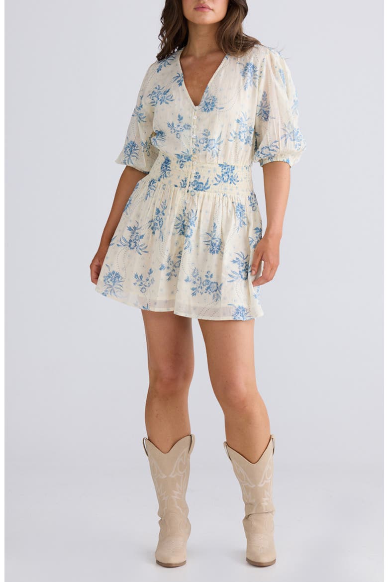 Halo Floral Print Romper, Main, color, BLUE BELLE