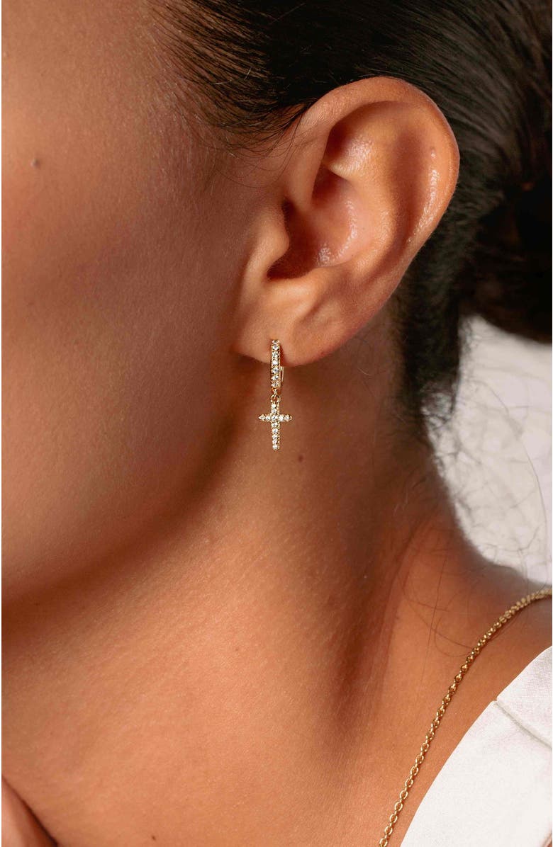 Rizen Jewelry Luminous Pavé Cross Huggie Hoop Earrings, Alternate, color, Sterling Silver