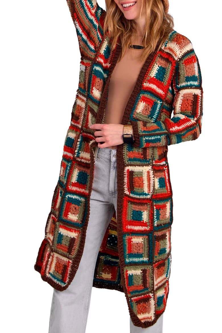 Granny Square Crochet Longline Cardigan, Main, color, BROWN