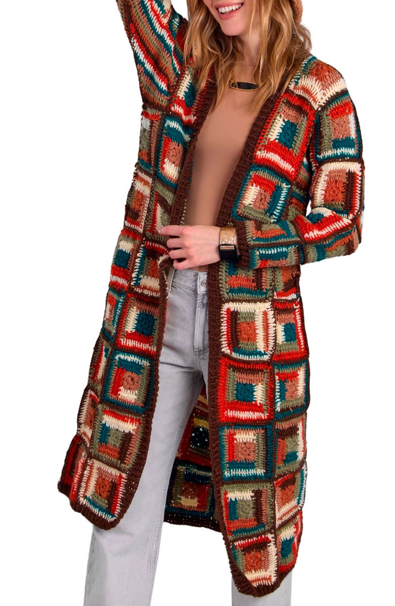 SAACHI Granny Square Crochet Longline Cardigan, Main, color, Brown