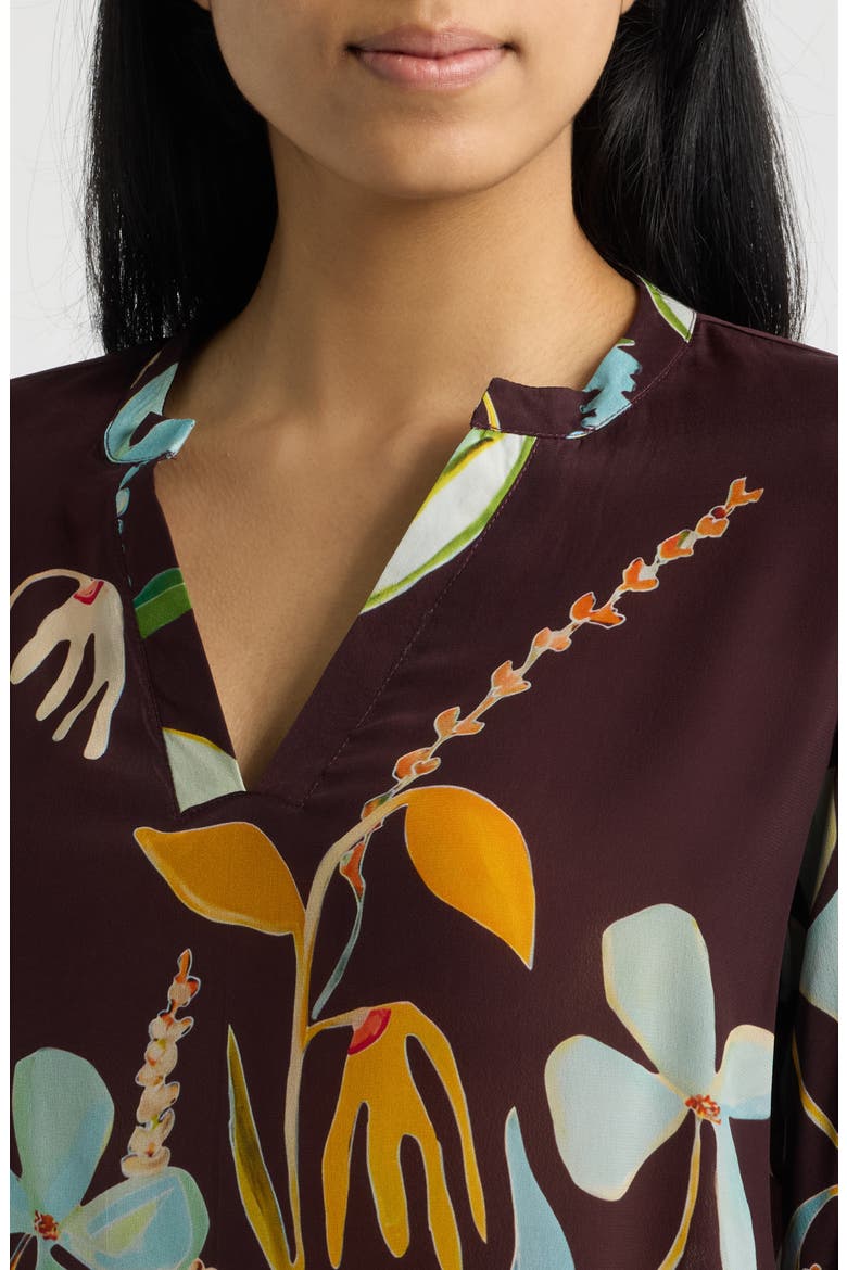 Print Split Neck Top with Smocked Cuffs, Alternate, color, ESPRESSO MULTI