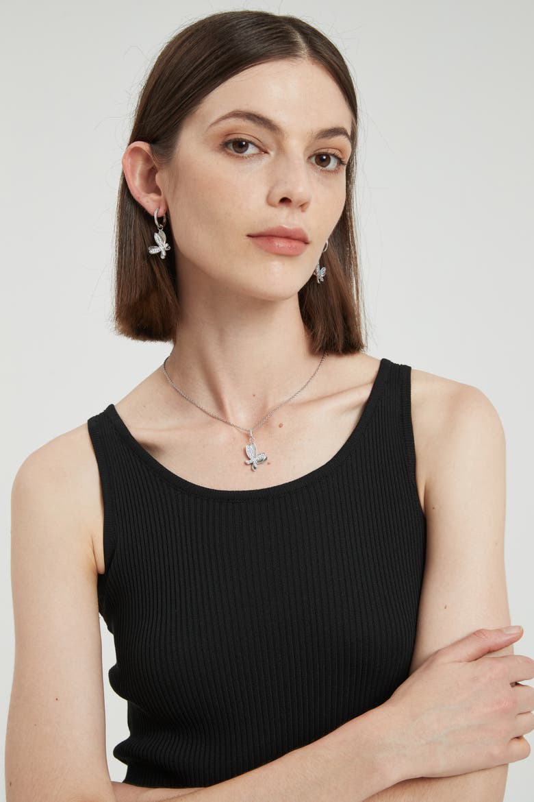 Pavé Butterfly Dangle Drop Hoop Earrings, Alternate, color, Silver/Clear