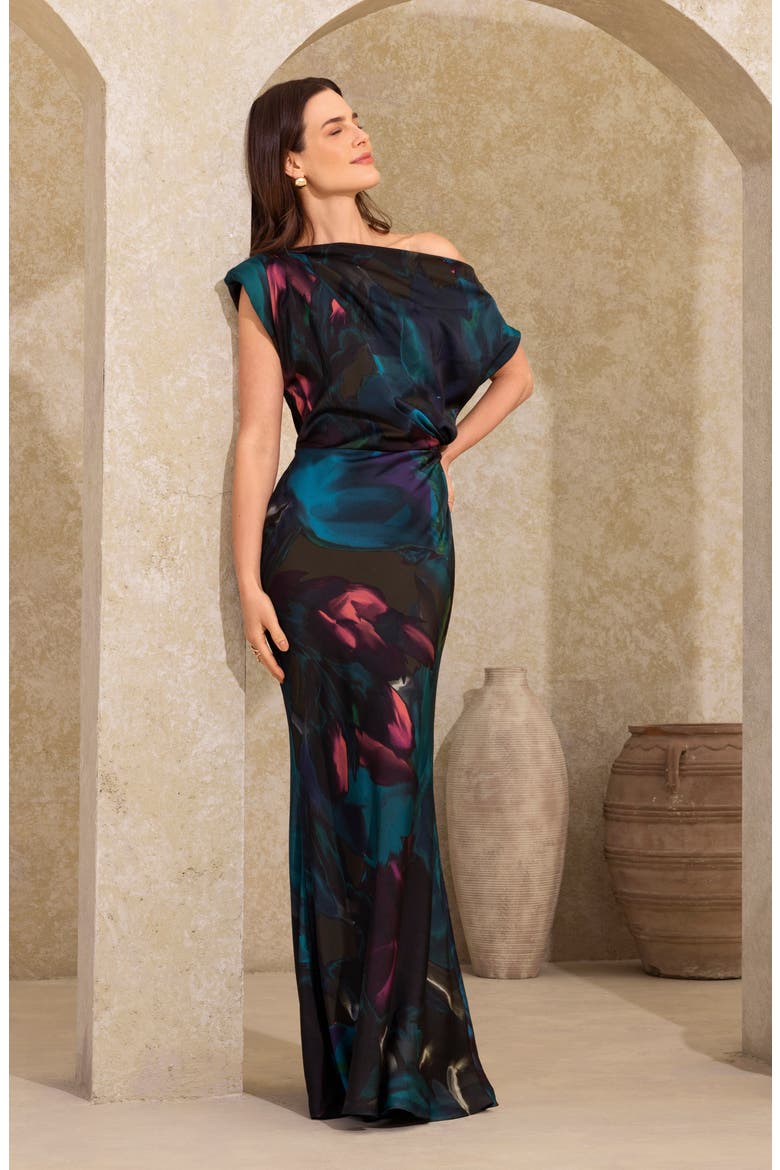 Floral Print Satin Gown, Alternate, color, TEAL/ MULTI