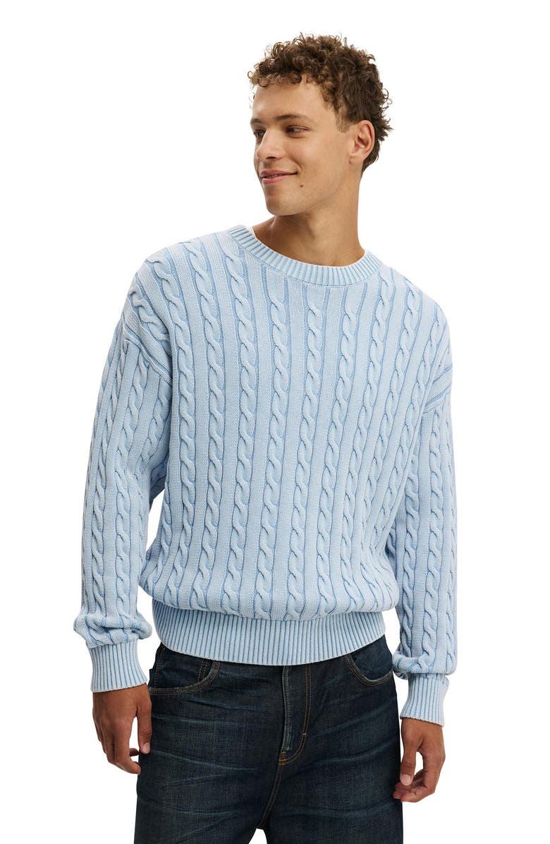Cotton On Washed Box Fit Crew Knit, Main, color, Washed Ice Blue Cable