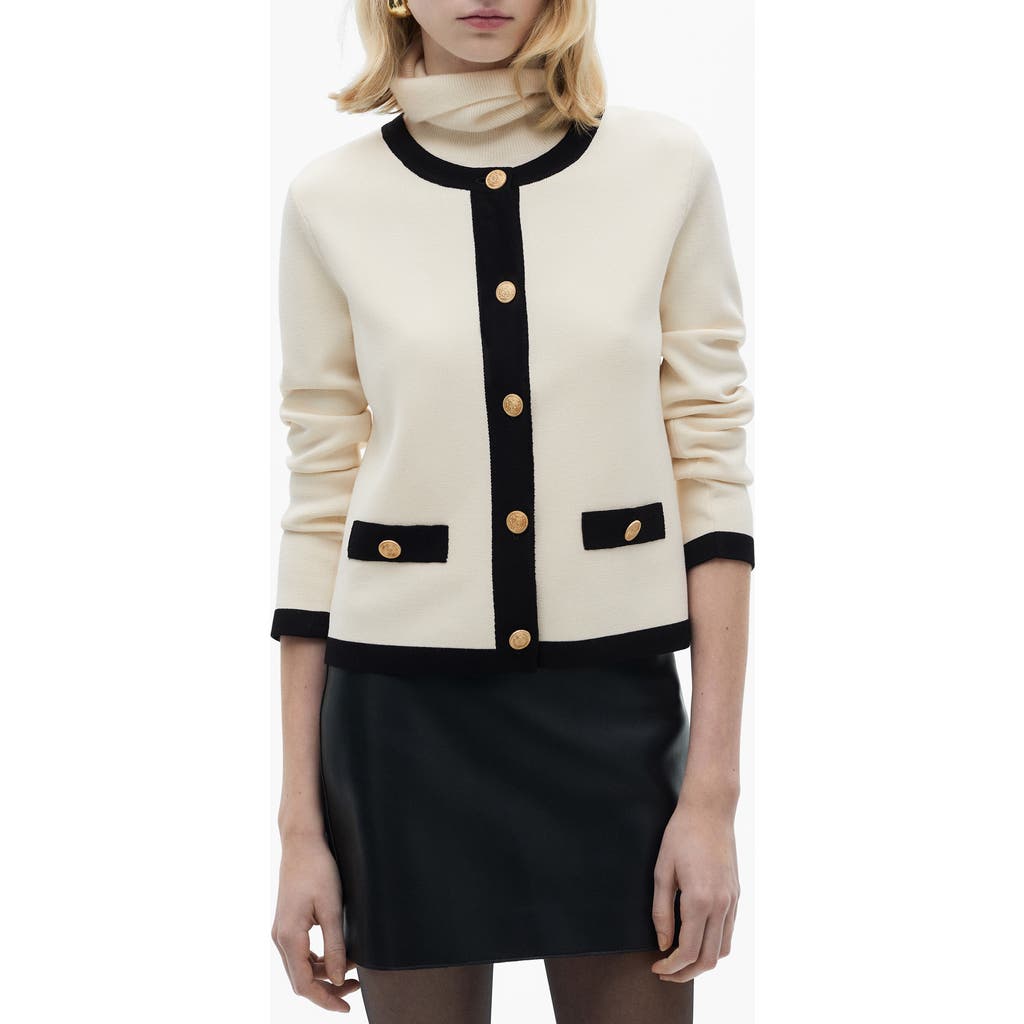 Mango Contrast Trim Short Sleeve Cardigan In Ecru