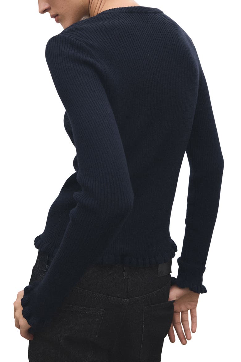 Ruffle Trim Rib Cardigan, Alternate, color, NAVY