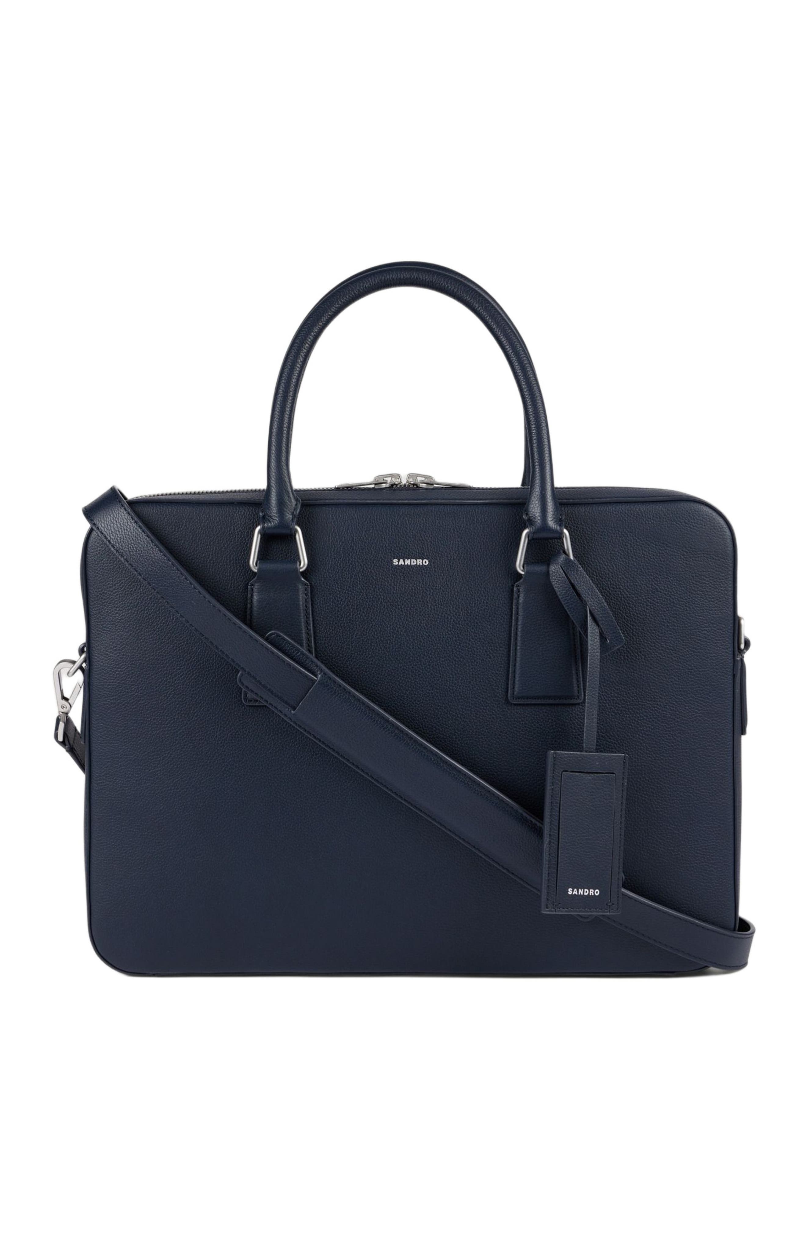 SANDRO Large grained leather briefcase, Main, color, Navy Blue