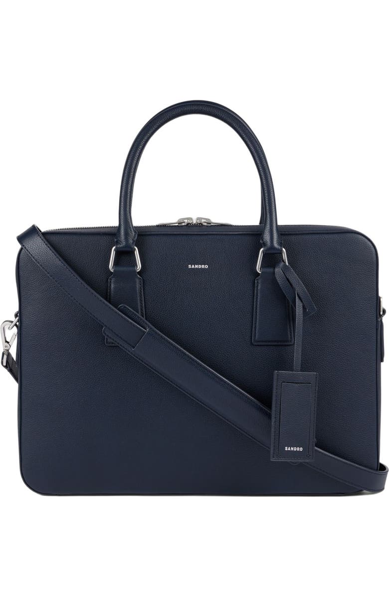 SANDRO Large grained leather briefcase, Main, color, Navy Blue