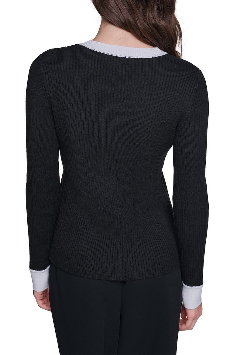Contrast Trim Ribbed Cardigan, Alternate, color, BLACK/ SOFT WHITE