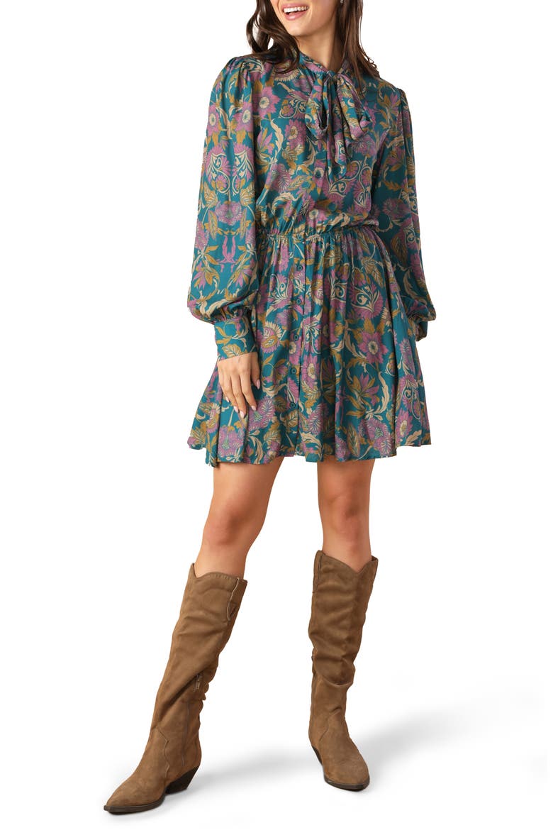 Tie Neck Long Sleeve Minidress, Main, color, TEAL