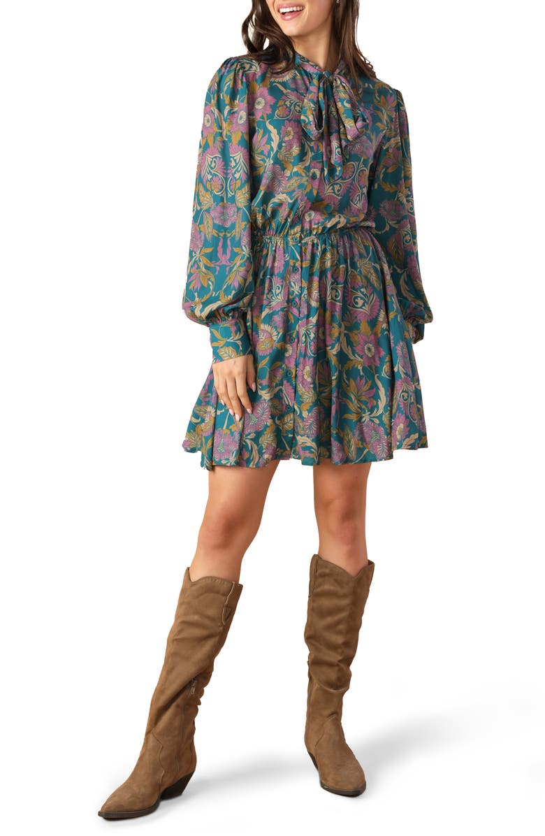 FLYING TOMATO Tie Neck Long Sleeve Minidress, Main, color, Teal