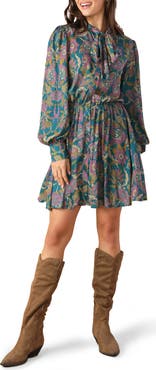 FLYING TOMATO Tie Neck Long Sleeve Minidress