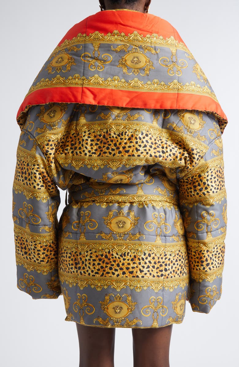 Versace Reversible Belted Cheetah Stripe Wrap Puffer Jacket, Alternate, color, Cheetah Elephant Grey