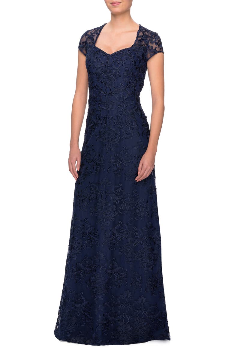 Cap Sleeve Floral Gown with Sweetheart Neckline, Main, color, NAVY