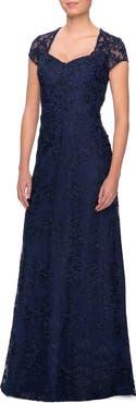 La Femme Cap Sleeve Floral Gown with Sweetheart Neckline