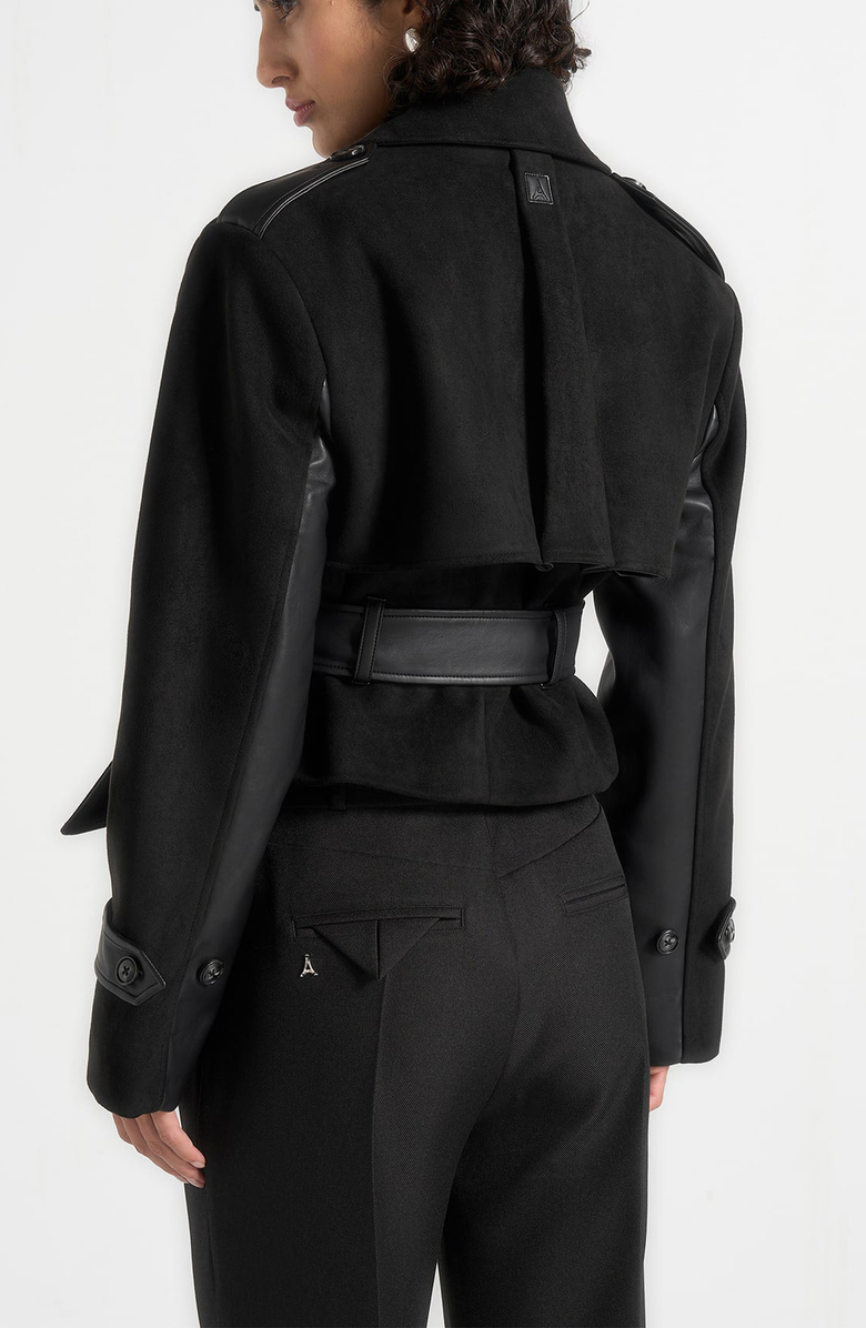 Manière De Voir Lelia Cropped Suede Trench Coat With Belt, Alternate, color, Black