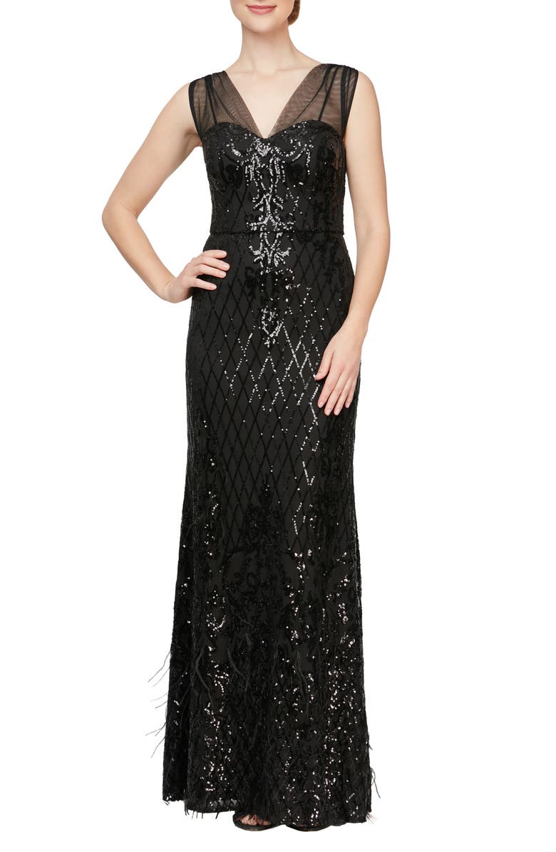 Alex Evenings Sequin & Feather Illusion Mesh Gown, Main, color, 