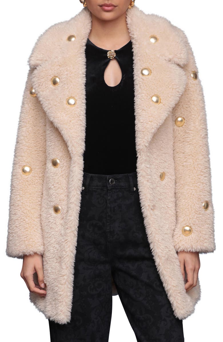 Avec Les Filles Stud Detail Faux Fur Coat, Main, color, Ivory-Gold Studded