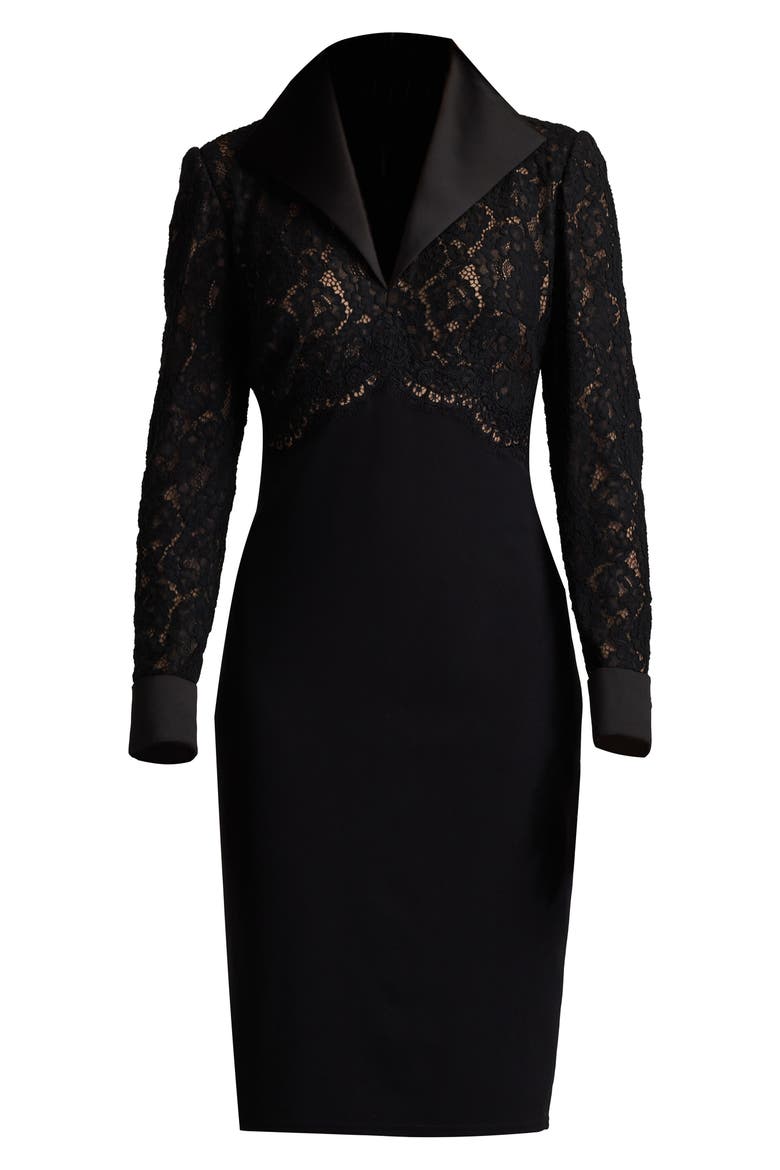 Long Sleeve Lace & Crepe Dress, Alternate, color, BLACK/ NUDE