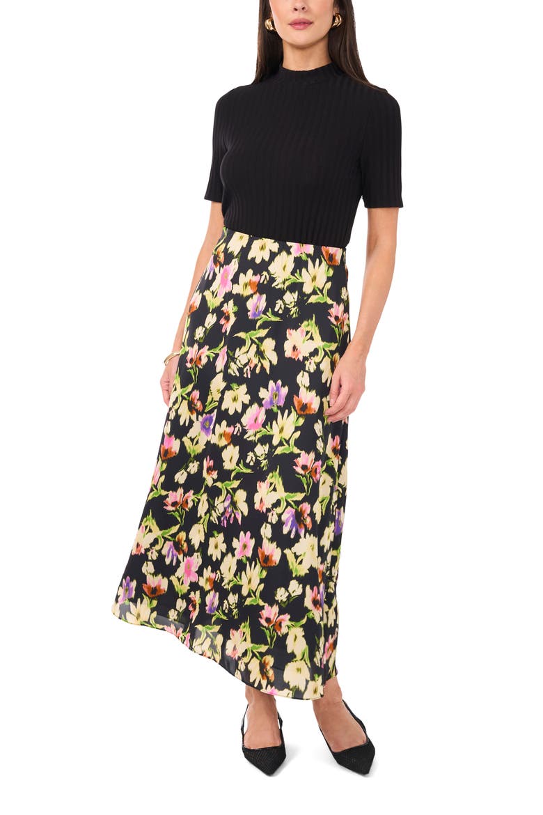 Floral Charmeuse Slip Skirt, Alternate, color, RICH BLACK