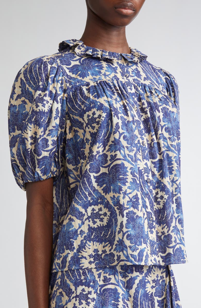 Ulla Johnson Amari Floral Cotton Button-Up Shirt, Alternate, color, Ocean