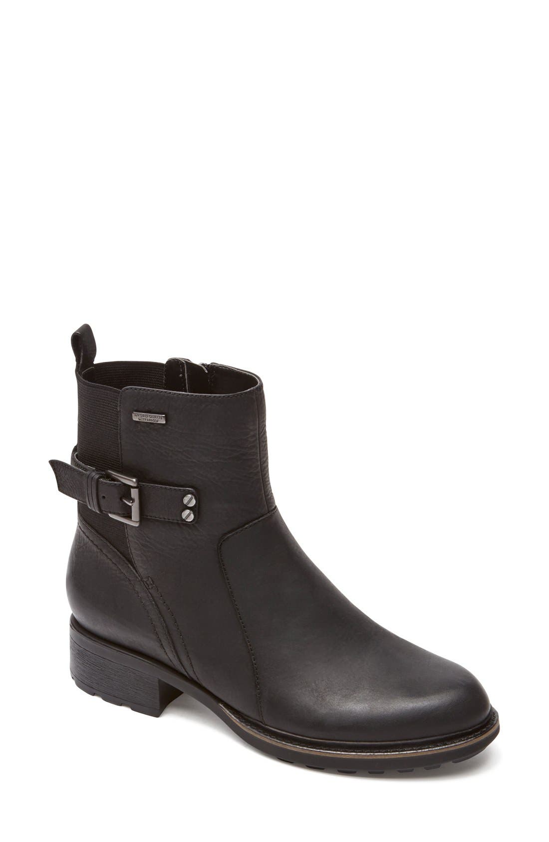 'First Street' Waterproof Moto Bootie, Main, color, BLACK LEATHER