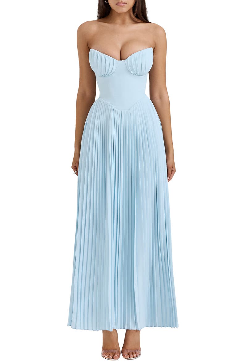 Marcella Strapless Pleated Georgette Gown, Main, color, STRATOSPHERE