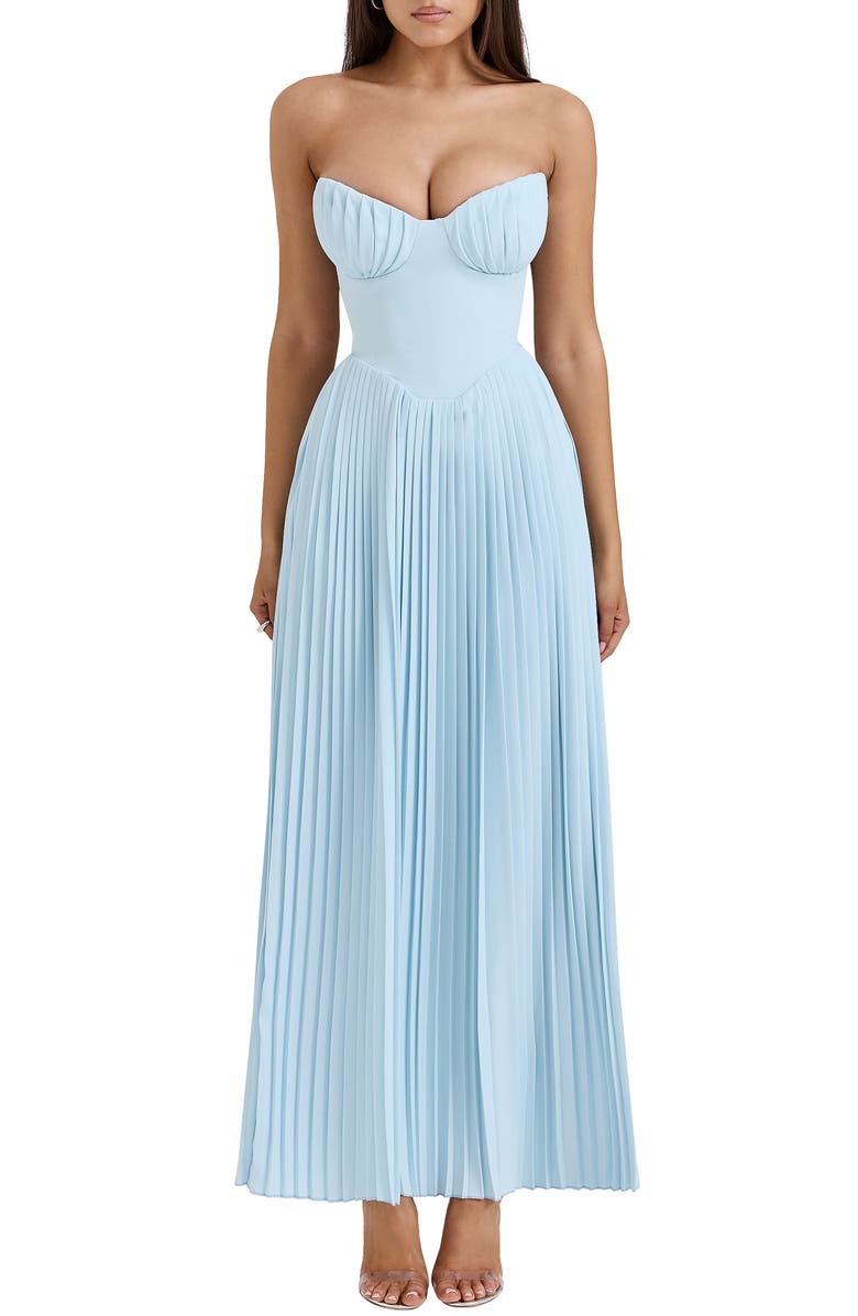 HOUSE OF CB Marcella Strapless Pleated Georgette Gown, Main, color, Stratosphere