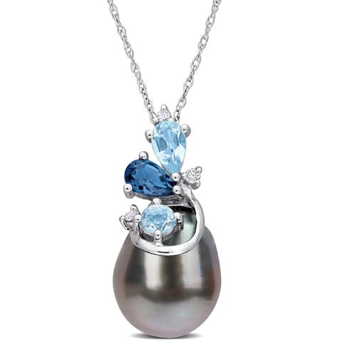 Tahitian Pearl Blue Topaz & Diamond Necklace 14k