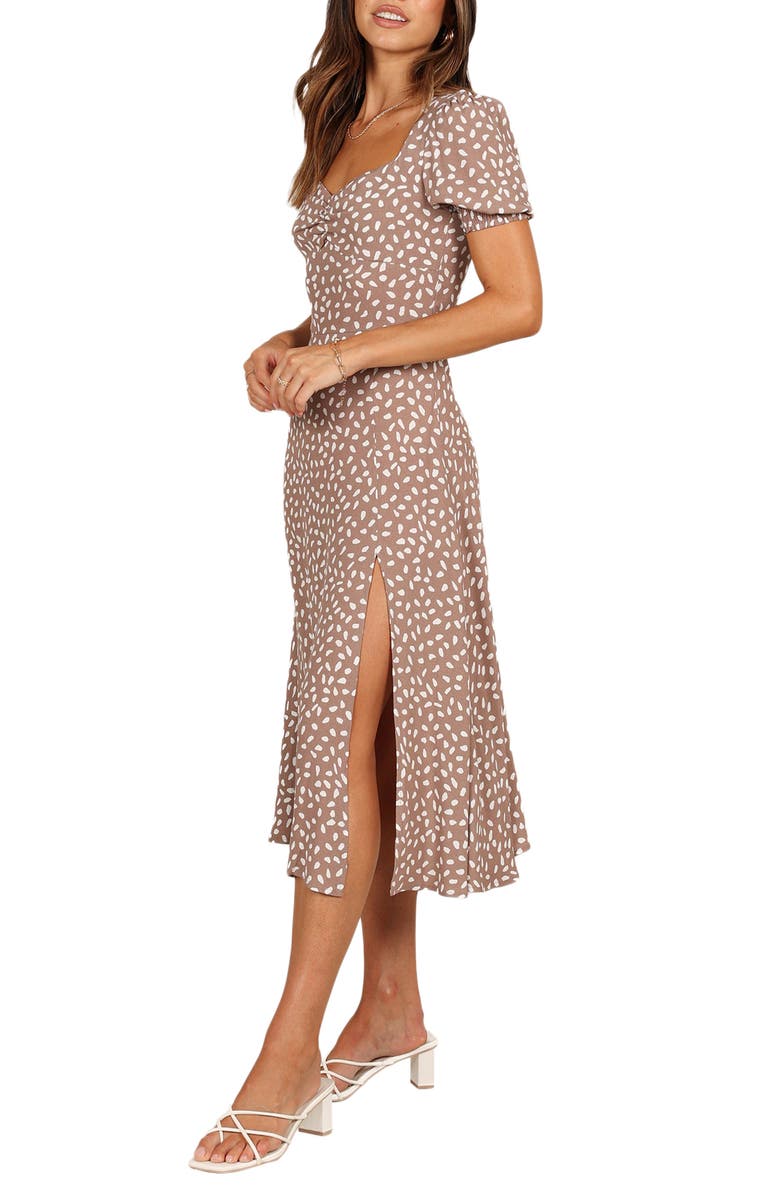 Petal & Pup Franklin Print Puff Sleeve Midi Dress, Alternate, color, Mocha