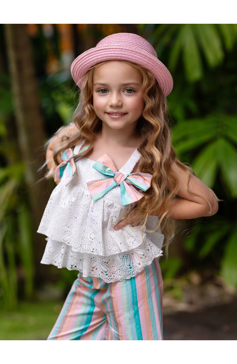 Mia Belle Girls Coastal Boho Lace Top and Palazzo Pant Set, Alternate, color, White