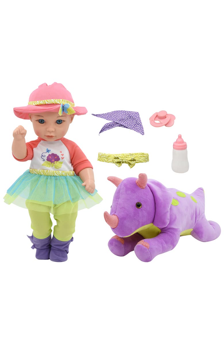 Little Darlings Hop On Baby & Plush Dino 15", Main, color, Multicolored