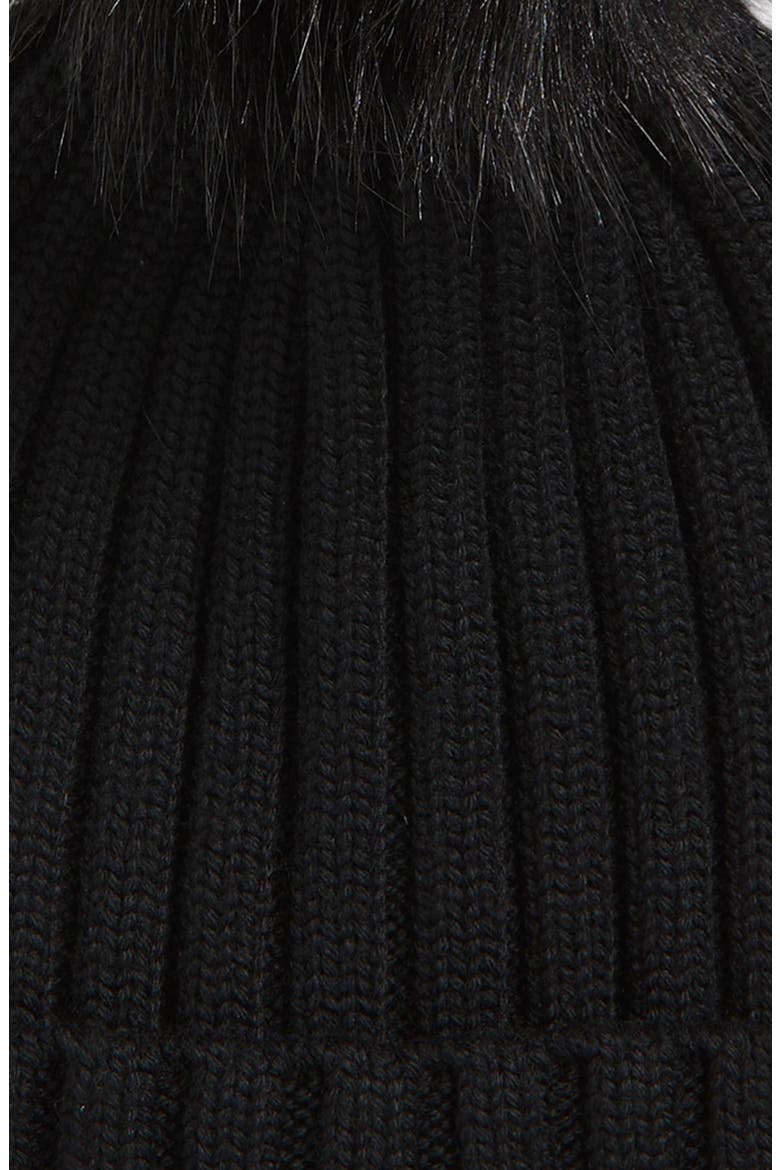 Wool Rib Beanie with Faux Fur Pompom, Alternate, color, BLACK