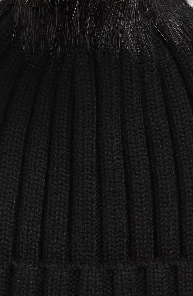 Moncler Wool Rib Beanie with Faux Fur Pompom, Alternate, color, Black