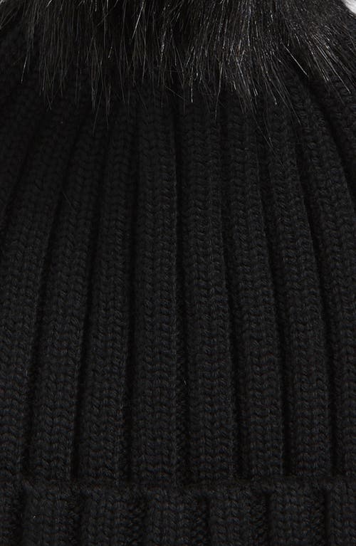 Moncler Wool Rib Beanie With Faux Fur Pompom In Black