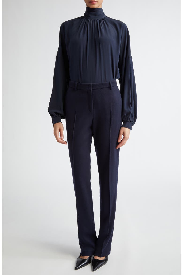 Mock Neck Silk Crêpe de Chine Shirt, Alternate, color, NAVY