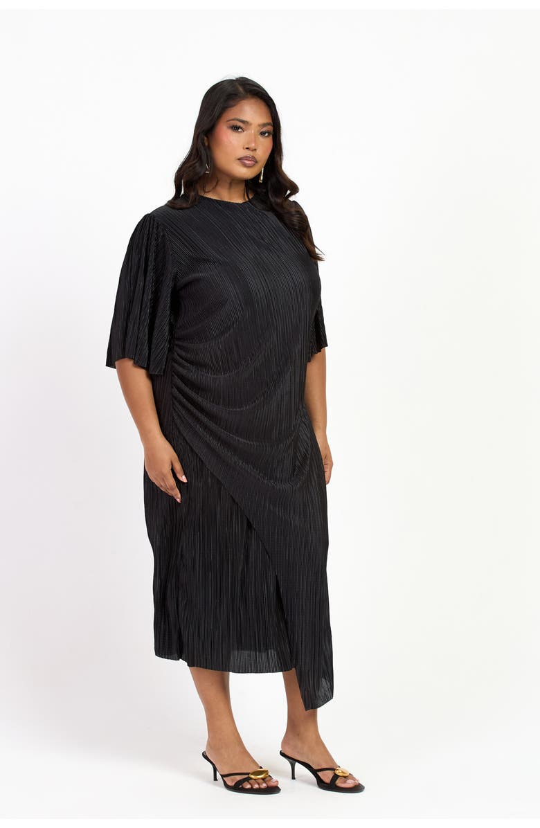 FASHION-SZN CURVE Ruched Side Flutter Sleeve Midi Dress, Alternate, color, Black